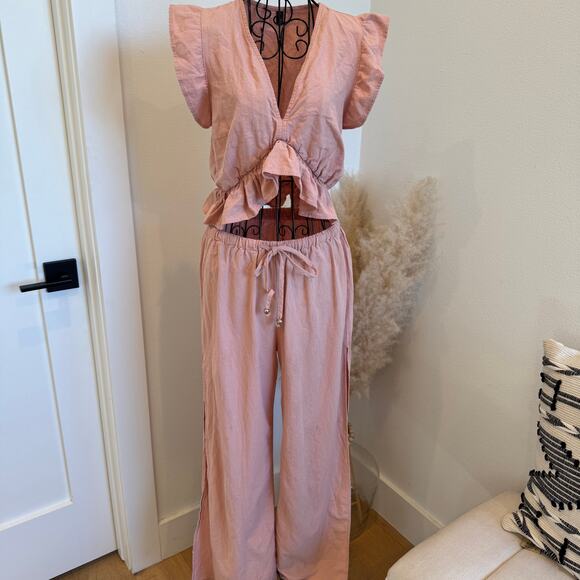 Fancyinn 2-Piece Summer Set | Pink Ruffle Crop Top & Side Slit Wide Leg Pants-M - Picture 3 of 10